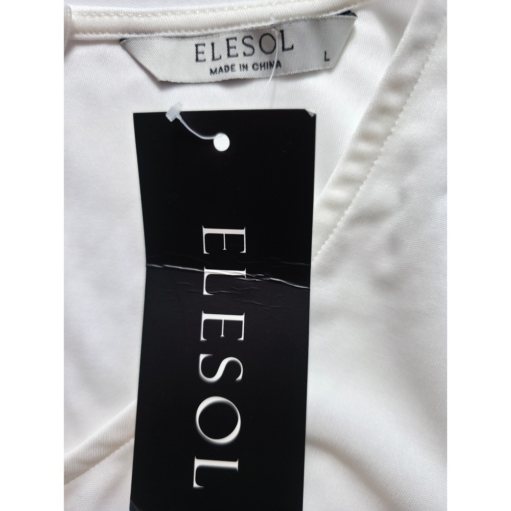 NWT Elesol White Midi Dress L Short Sleeve Flowy Skater Casual Stretch - Picture 9 of 10